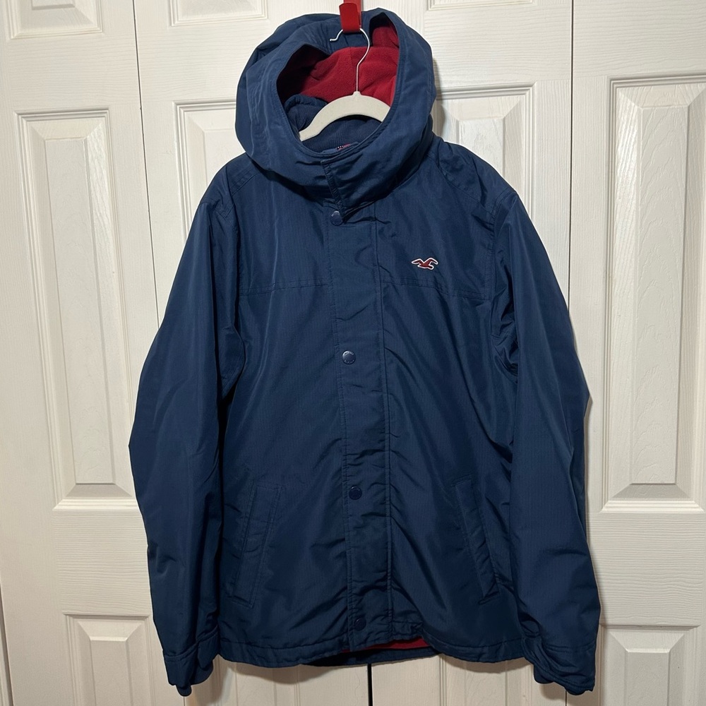 Hollister All Weather Fleece Lined Hooded Jacket Mens Size Large Navy Blue Red